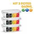 Kit 3/5/10 Potes de Vidro 640ml Hermético Marmita Fit com Tampa 4 Travas