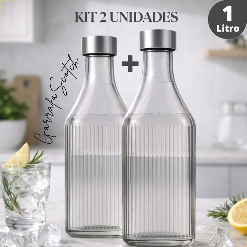 Kit 2 Garrafas de Vidro 1L Água Geladeira Tampa Inox Canelada Scotch Filete Quadrada Hermética