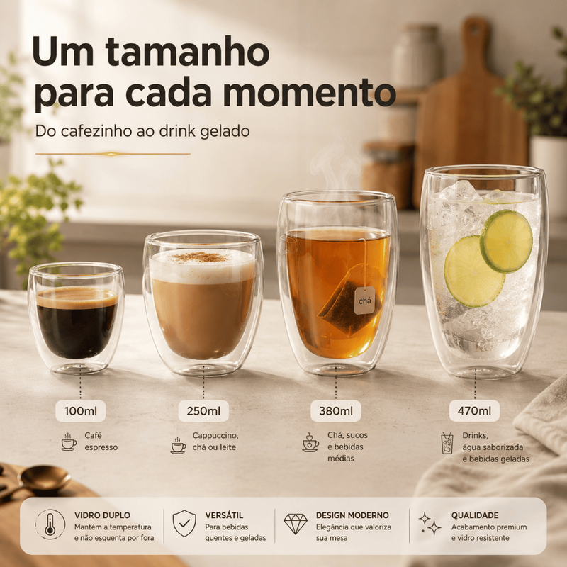 Conjunto Kit Copos de Vidro Borossilicato Duplo Xicara Parede Dupla Isolante Térmico
